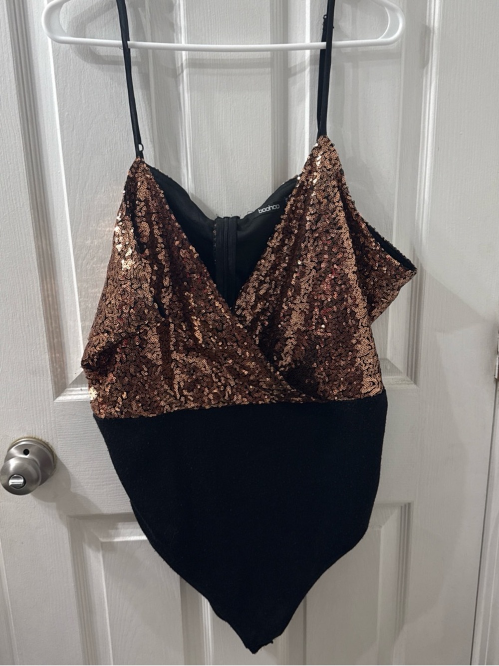 Boohoo Copper Sequin V-Neck Bodysuit with Black Trim